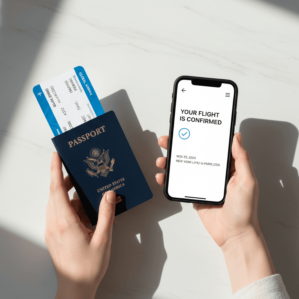 Smartphone showing flight booking confirmation with travel documents