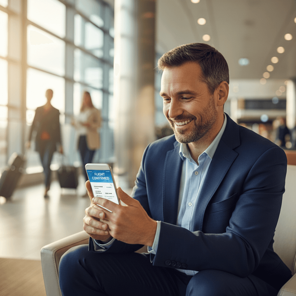 Traveler checking flight booking confirmation with confidence