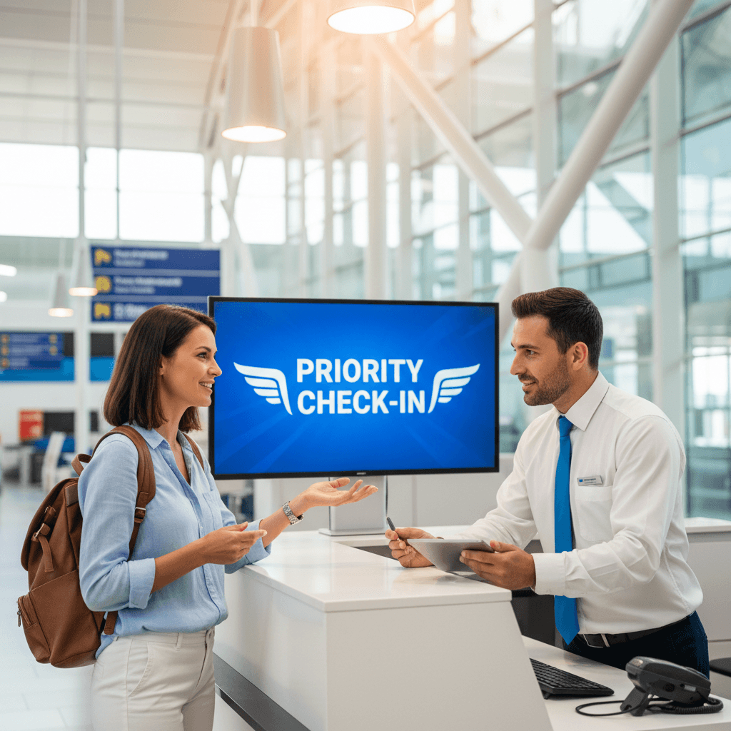 Traveler receiving flight assistance at airport counter